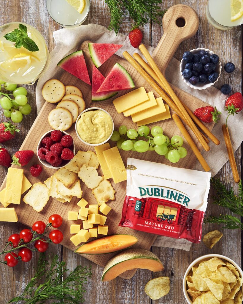 Cheese and fruit board from above